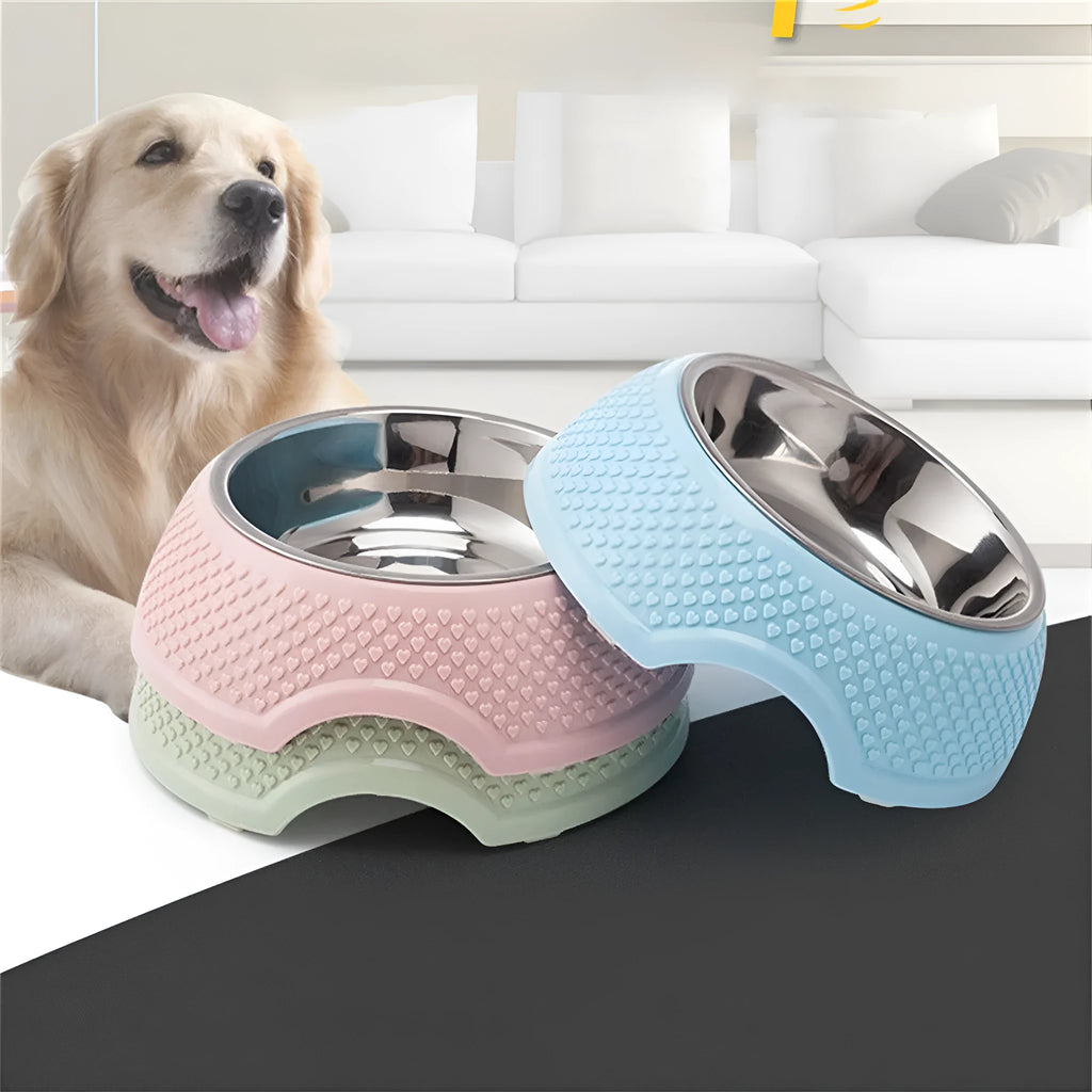Stainless steel pet bowl with weighted non-slip base in blue, green, or pink colours