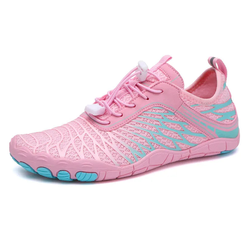 Pink breathable mesh sports shoes with lace-up front and non-slip rubber outsole