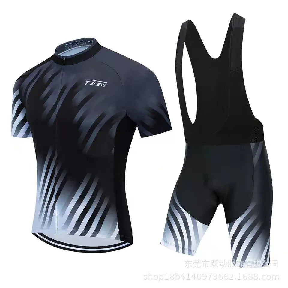 A man and woman wearing a matching blue cycling jersey set for summer road biking.