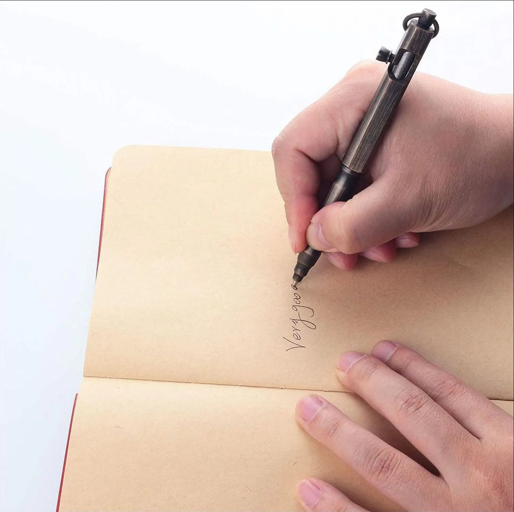 Brass hexagonal tactical pen with bolt design in brass natural colour finish