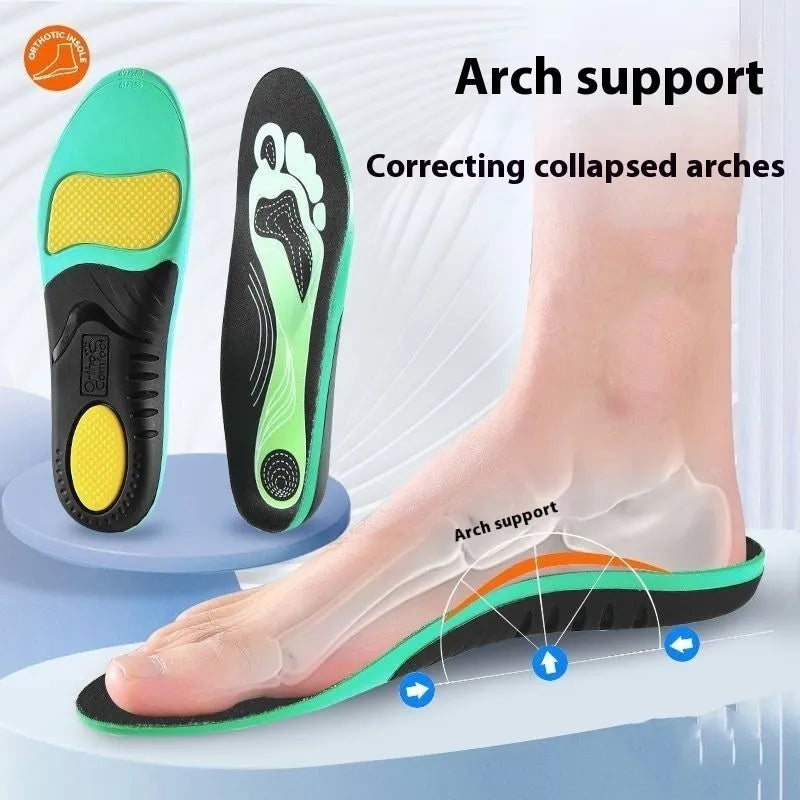 Blue and green flat foot correction insoles made from PU material showing size ranges 35-46.
