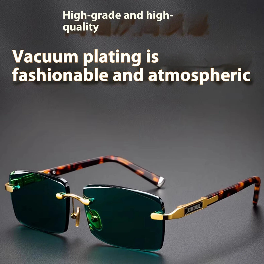 Frameless dark green crystal sunshade glasses with protective case and cleaning cloth