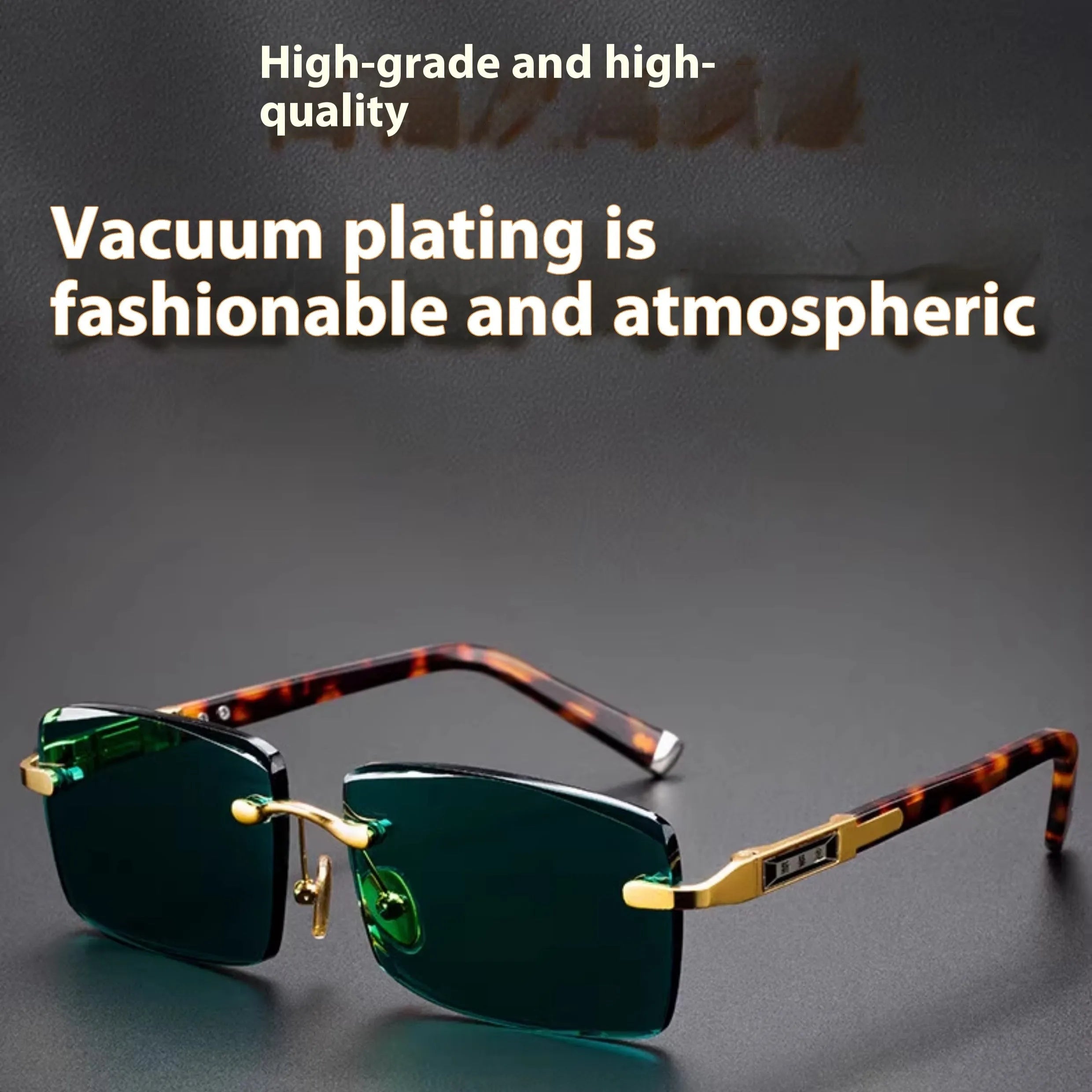 Frameless dark green crystal sunshade glasses with protective case and cleaning cloth
