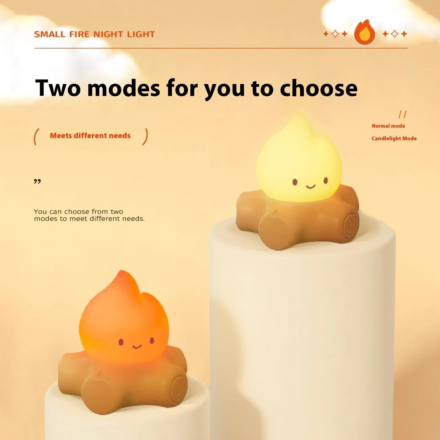 Silicone small fire pile cartoon night light with ABS shade showing warm yellow illumination