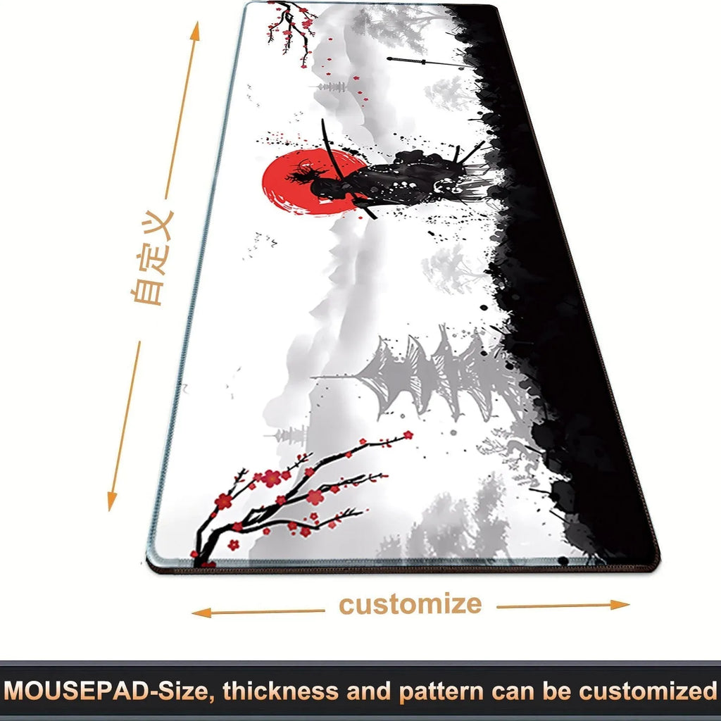 Japanese samurai design cloth gaming mouse pad on a desk, showing non-slip base and multiple size options.