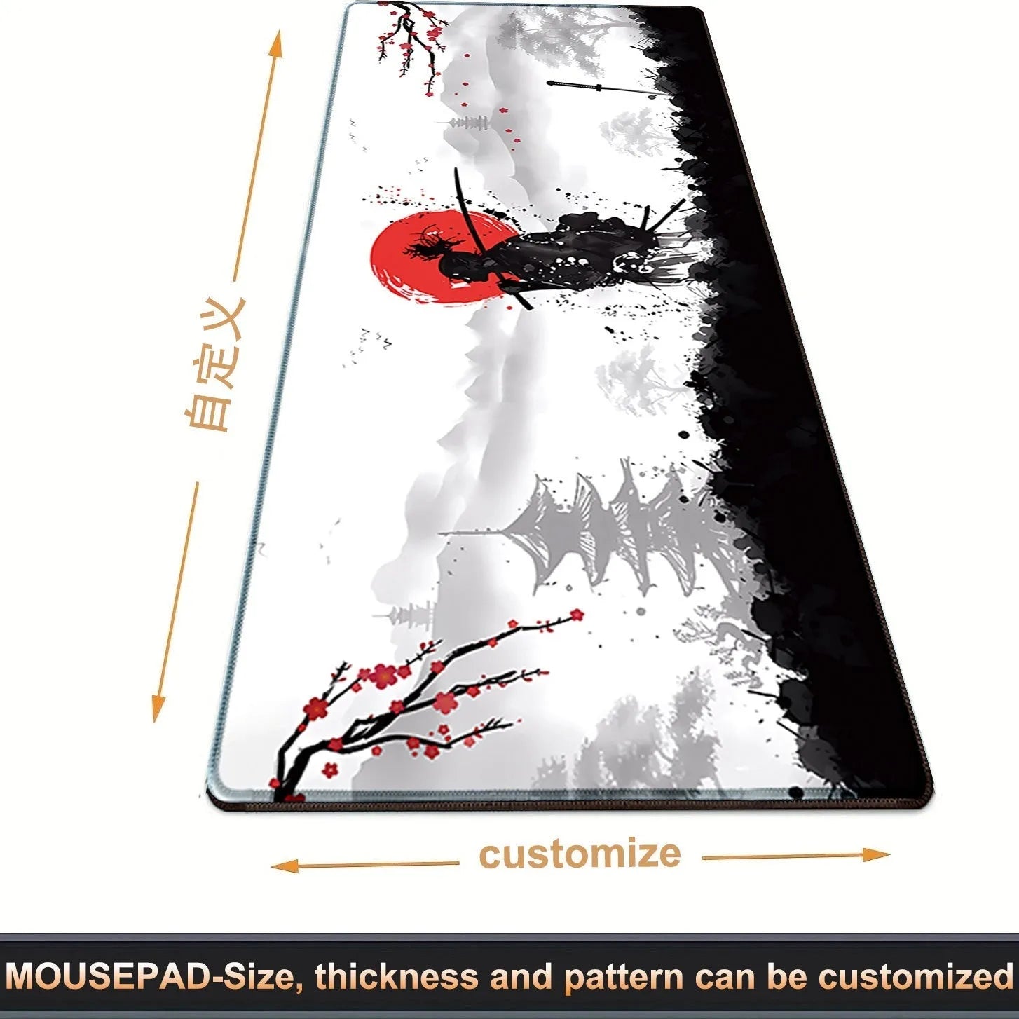 Japanese samurai design cloth gaming mouse pad on a desk, showing non-slip base and multiple size options.