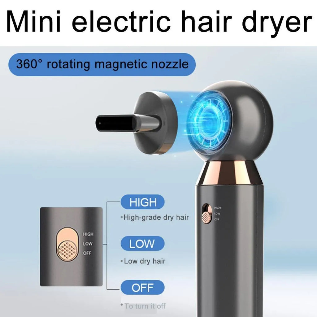 Compact white hair dryer with concentrator attachment on blue background