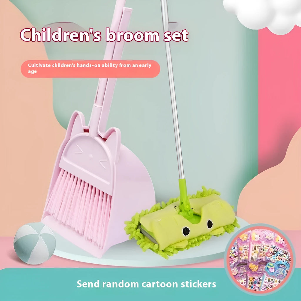 Plastic broom and dustpan set in beige, green, or purple with a non-stick broom head
