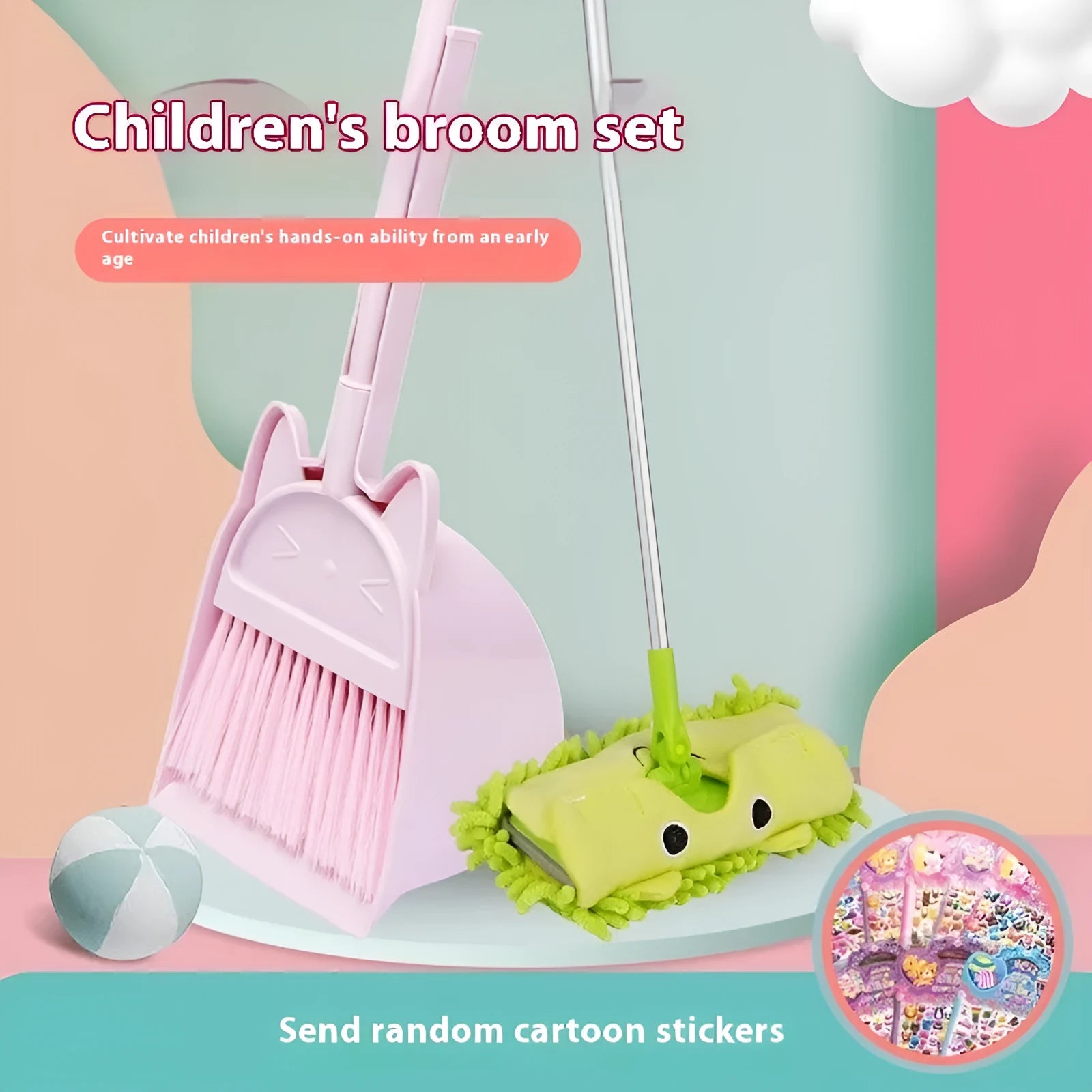 Plastic broom and dustpan set in beige, green, or purple with a non-stick broom head