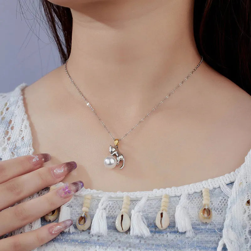 925 sterling silver cat pendant clavicle chain necklace with electroplating and pearl bead options