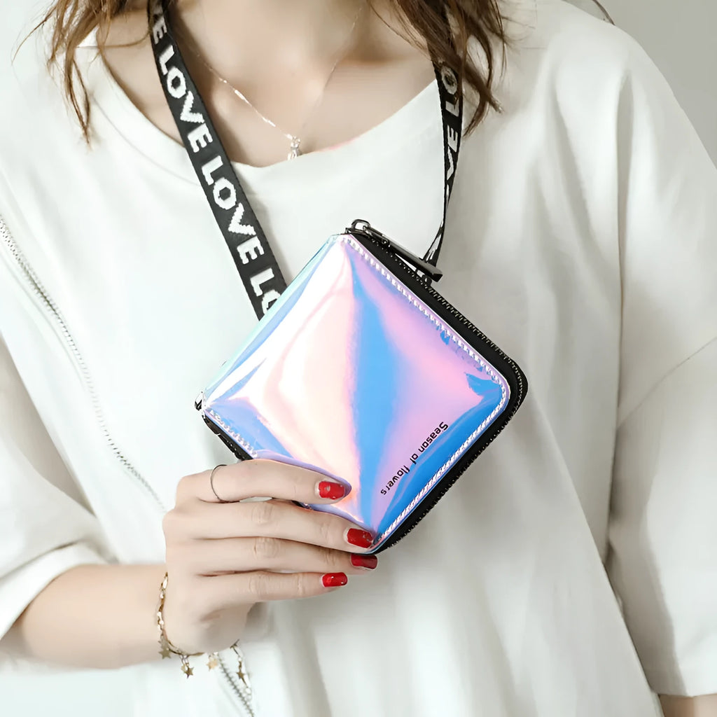 Korean-style short folding women's wallet in PU leather, shown in crystal blue colour.