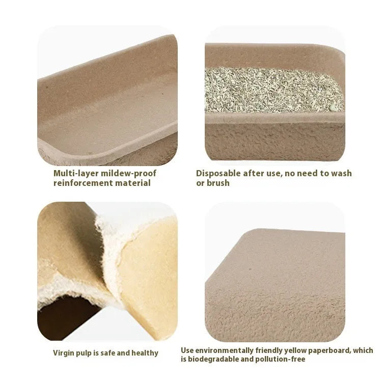 A brown disposable cat litter box showing its three available size options.