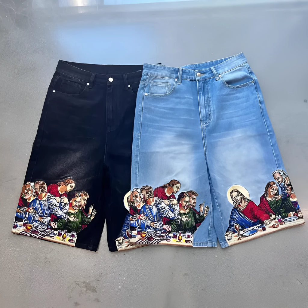 Men's blue cotton tapered shorts with Jesus printed design on back pocket