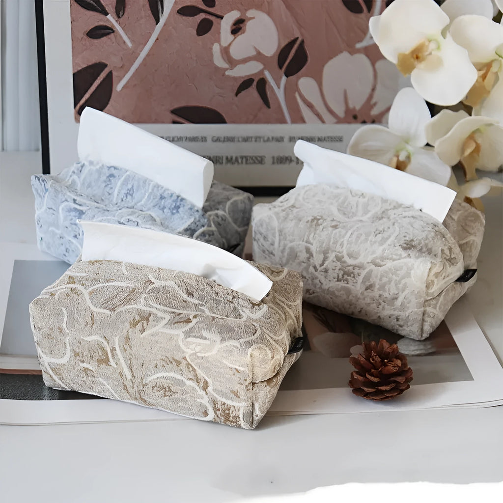 Chinese pastural style cotton tissue box drawer in beige with rose fabric pattern, dimensions 17x11x7cm.