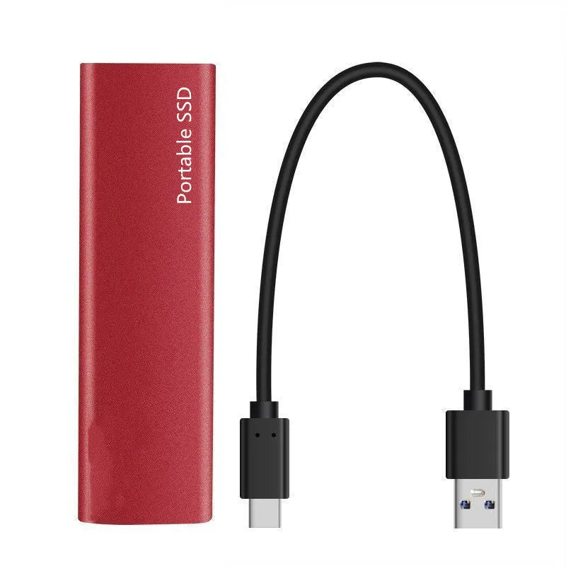 Ultra-thin metal-shell mobile SSD external hard drive in red, black, blue, or silver with capacity options from 500GB to 30TB