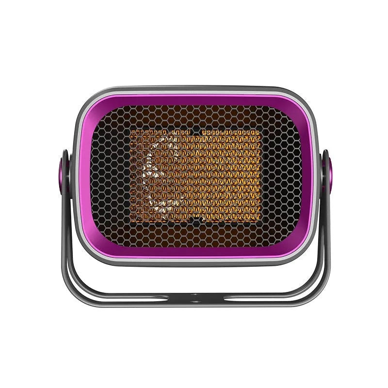 Compact white desktop electric heater with rotatable body and push-button controls.