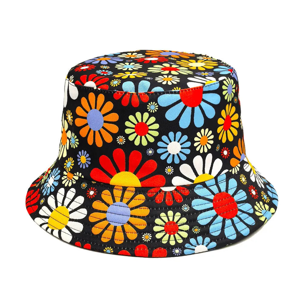 Colourful floral pattern polyester bucket hat with a dome crown on a neutral background.