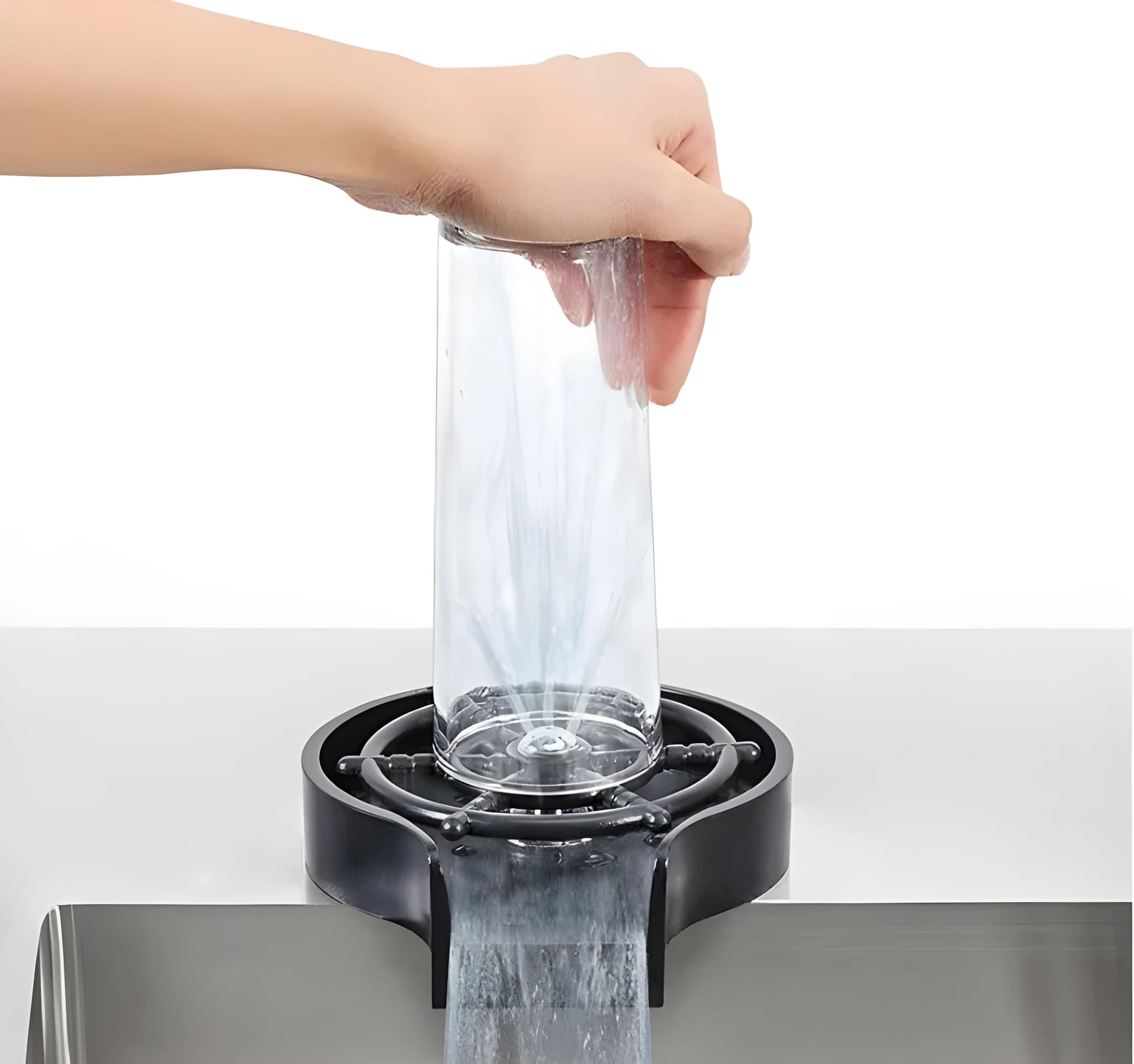 Black high-pressure automatic glass washer with stainless steel cup, ABS base, and coiled copper hose