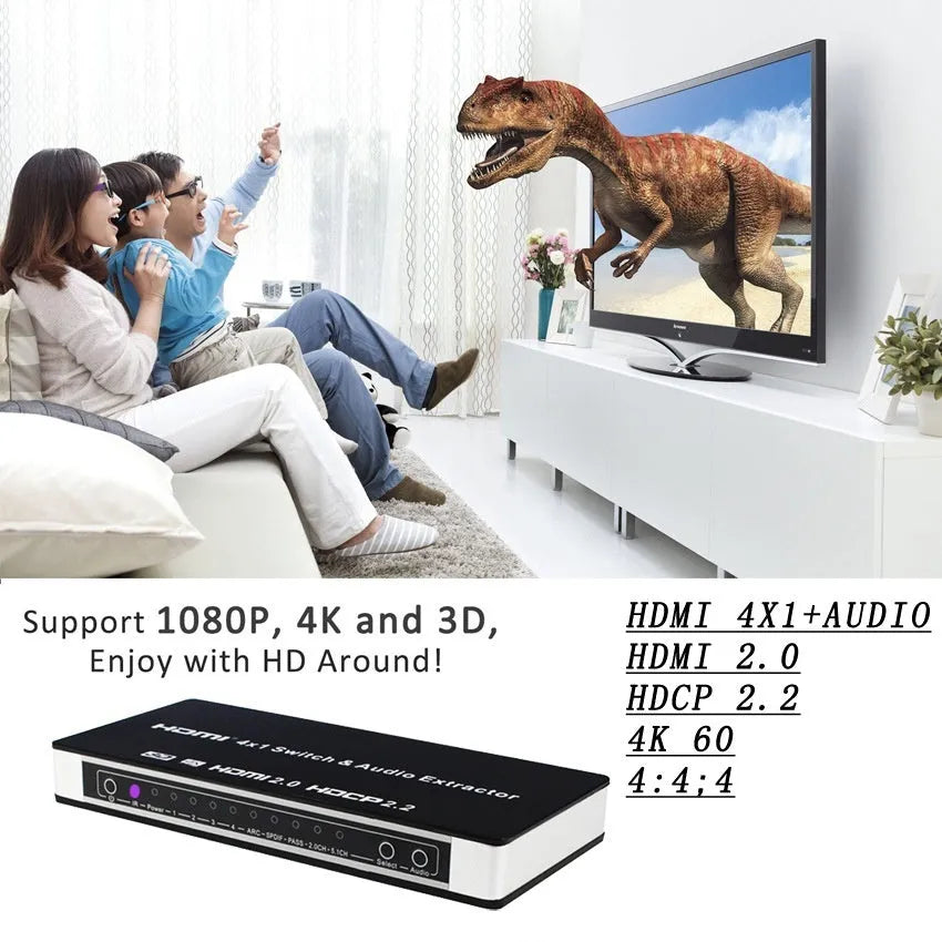 Black HDMI audio extractor switch with 4 inputs 1 output and remote control