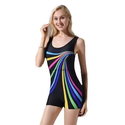 Women's black and blue quick-drying polyester one-piece swimsuit with sleeveless conservative design