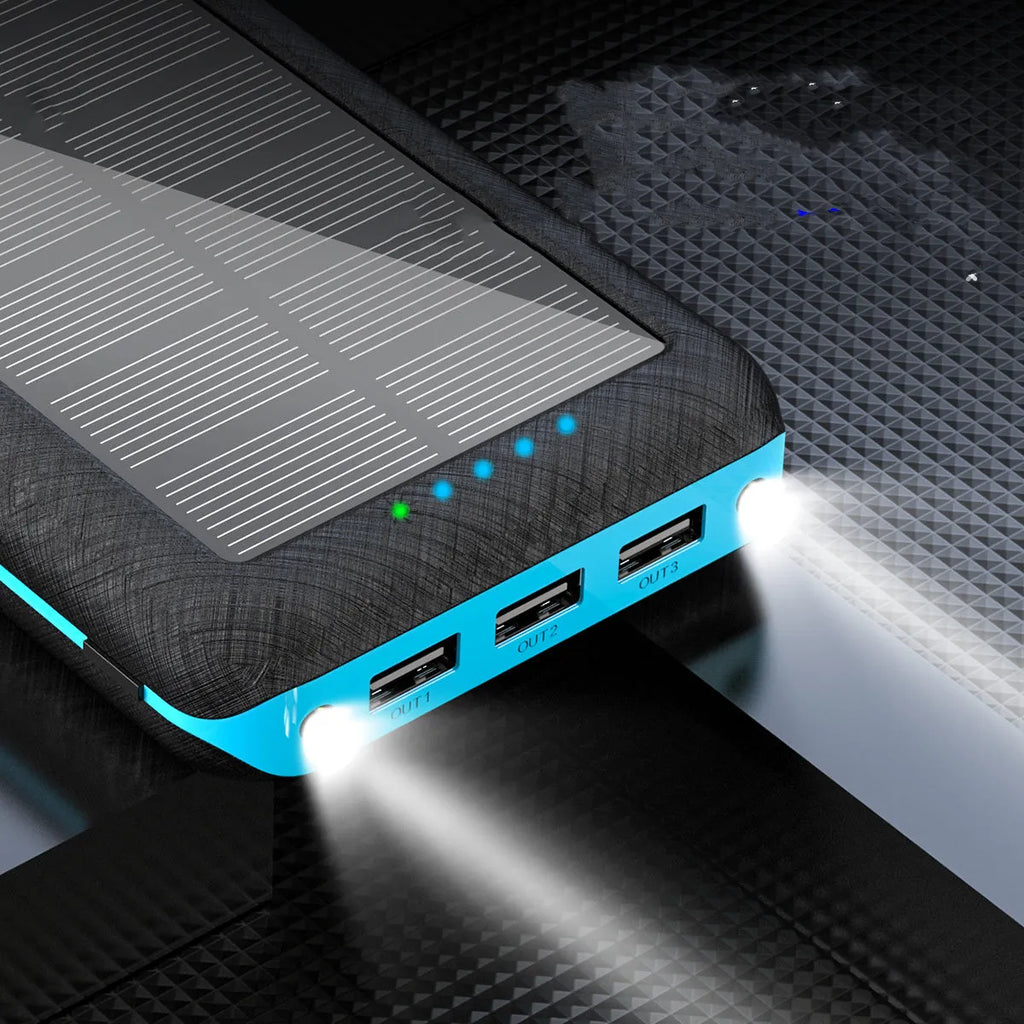 Portable power bank with wireless charging surface and USB ports in black colour