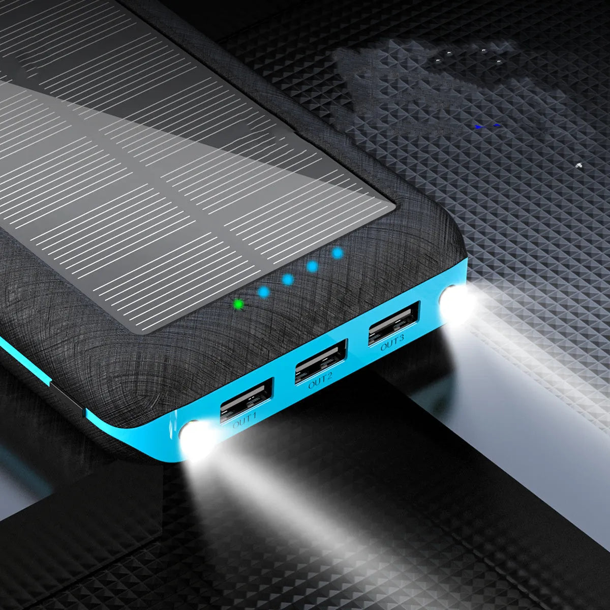 Portable power bank with wireless charging surface and USB ports in black colour