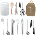 Khaki storage bag containing a 12-piece stainless steel picnic cutlery set for outdoor dining