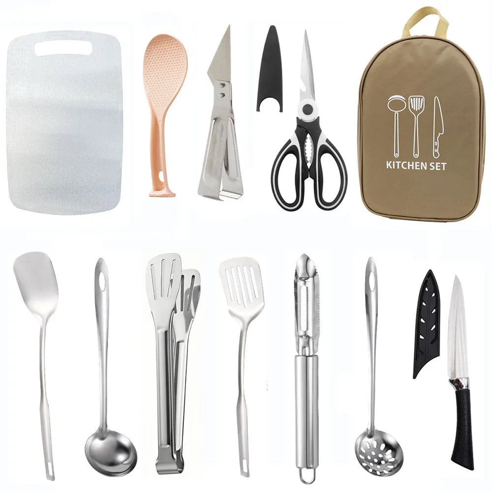Khaki storage bag containing a 12-piece stainless steel picnic cutlery set for outdoor dining