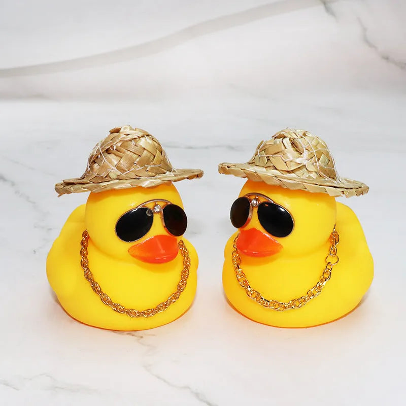Cartoon straw hat yellow duck car dashboard ornament with sunglasses accessory on base