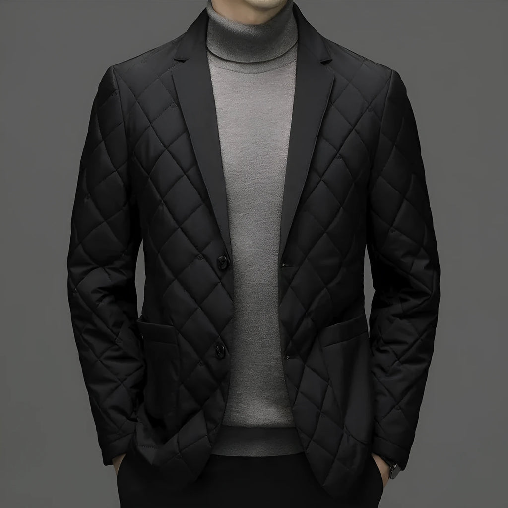 Men's black cardigan-style winter down jacket with lapel collar and side seam pockets.