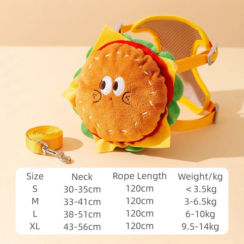 Cartoon hamburger design adjustable pet walking vest with leash and matching backpack for cats and dogs