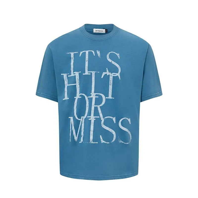 Men's American retro-style letter printed t-shirt in loose fit blue or white cotton blend fabric