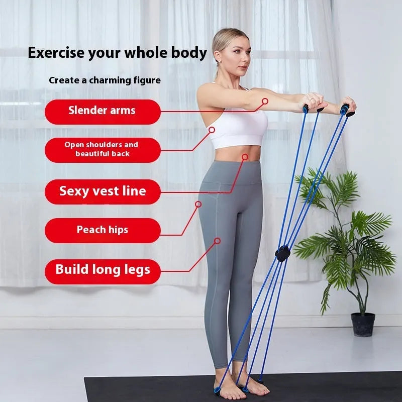 Blue eight character shoulder puller fitness equipment with cross tension device for female body shaping workouts.