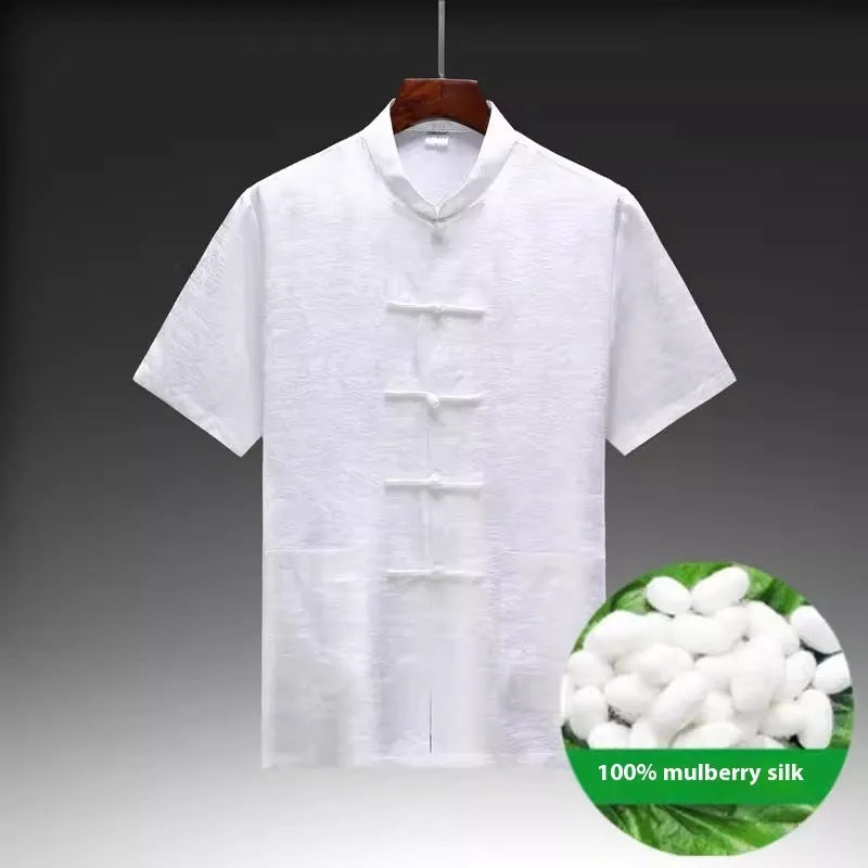 Mulberry silk Chinese style Tang suit for men in light green, showing traditional woven construction.