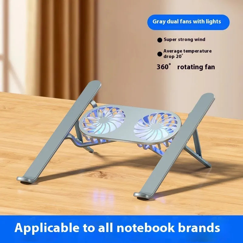 Silver aluminium laptop stand with twin cooling fans in folded and open positions