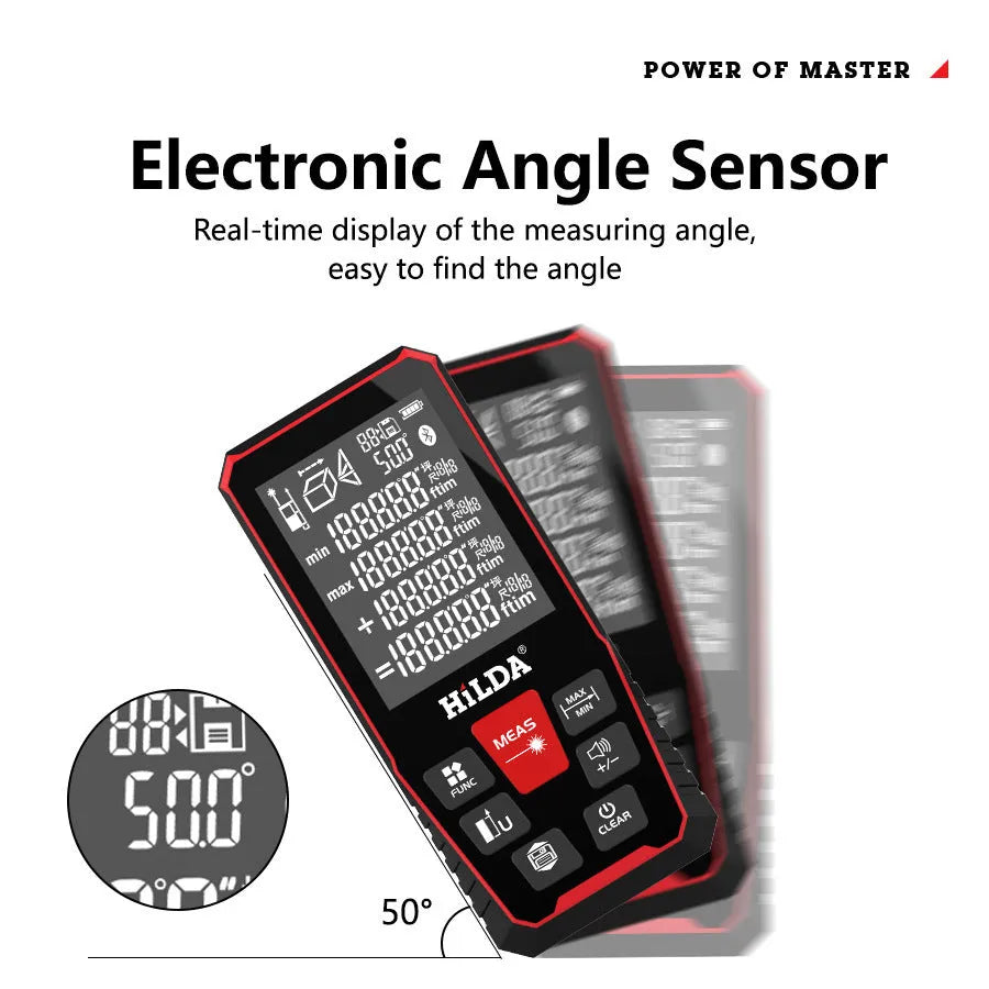 A handheld plastic laser rangefinder for measuring distances up to 120 metres in construction.