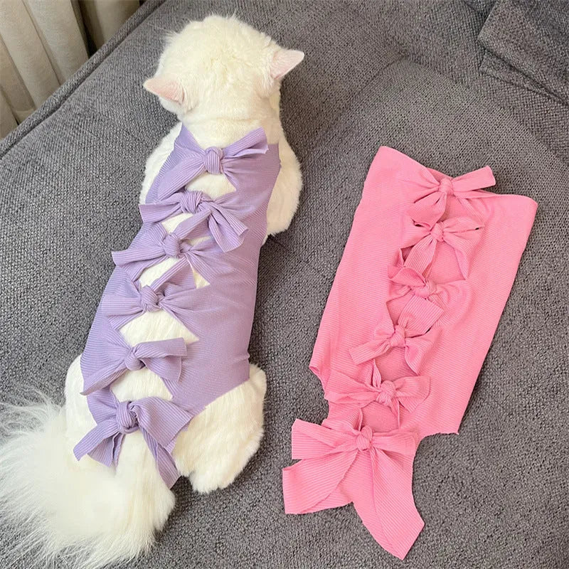 Lace-up cat sterilization clothing in blue colour with size labels for post-operation recovery
