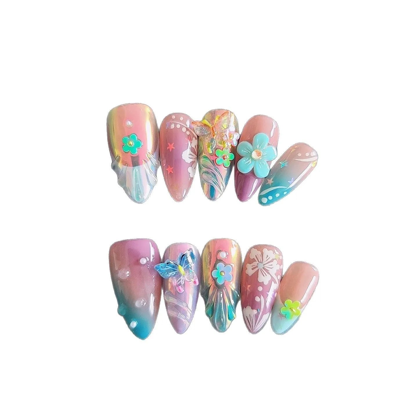 Handmade colourful floral and butterfly nail decorations set with embossed patterns in four sizes