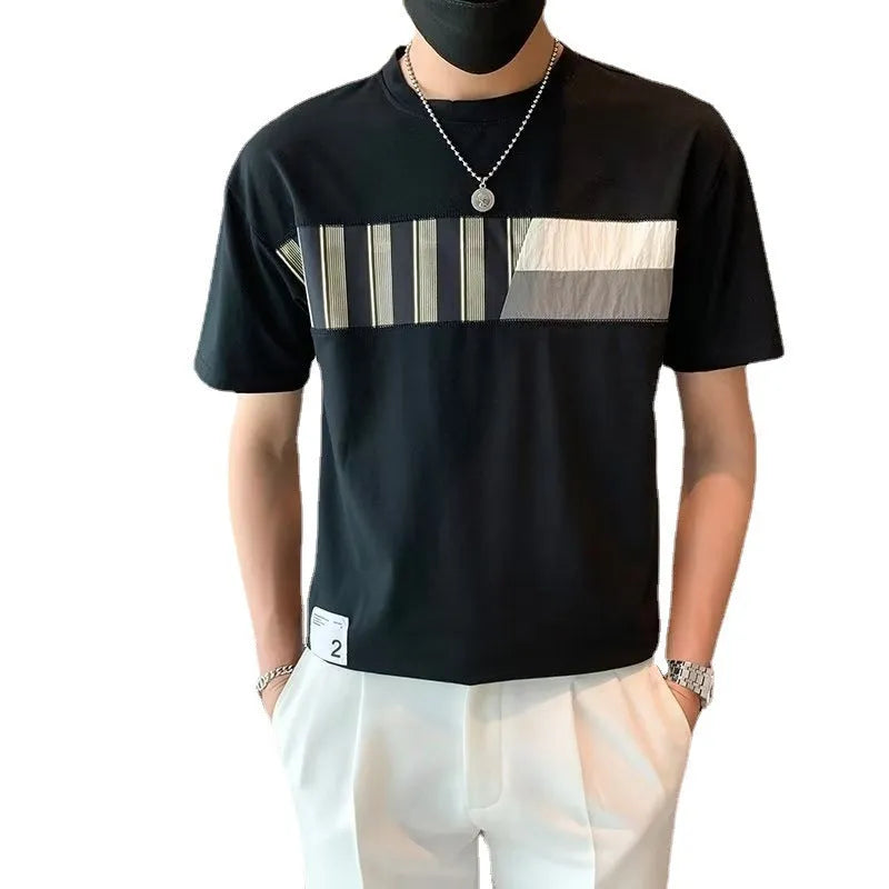 Men's summer short sleeve T-shirt, cotton-linen blend, loose fit, round neck, solid black or white
