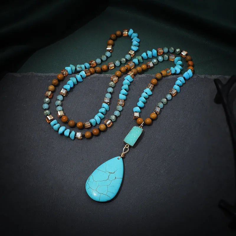 Turquoise blue heart-shaped pendant necklace with mixed gemstone inlay on 81cm ball bead chain