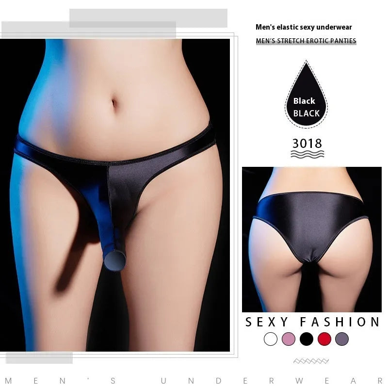 Men's shiny nylon T-back underwear with low waist design showing colour options