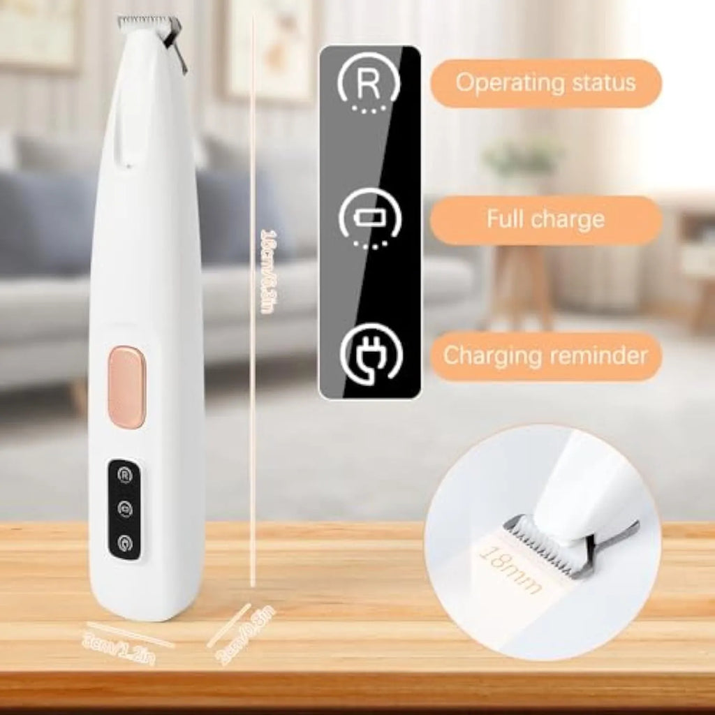 White rechargeable electric dog paw trimmer with LED light on a grey background.