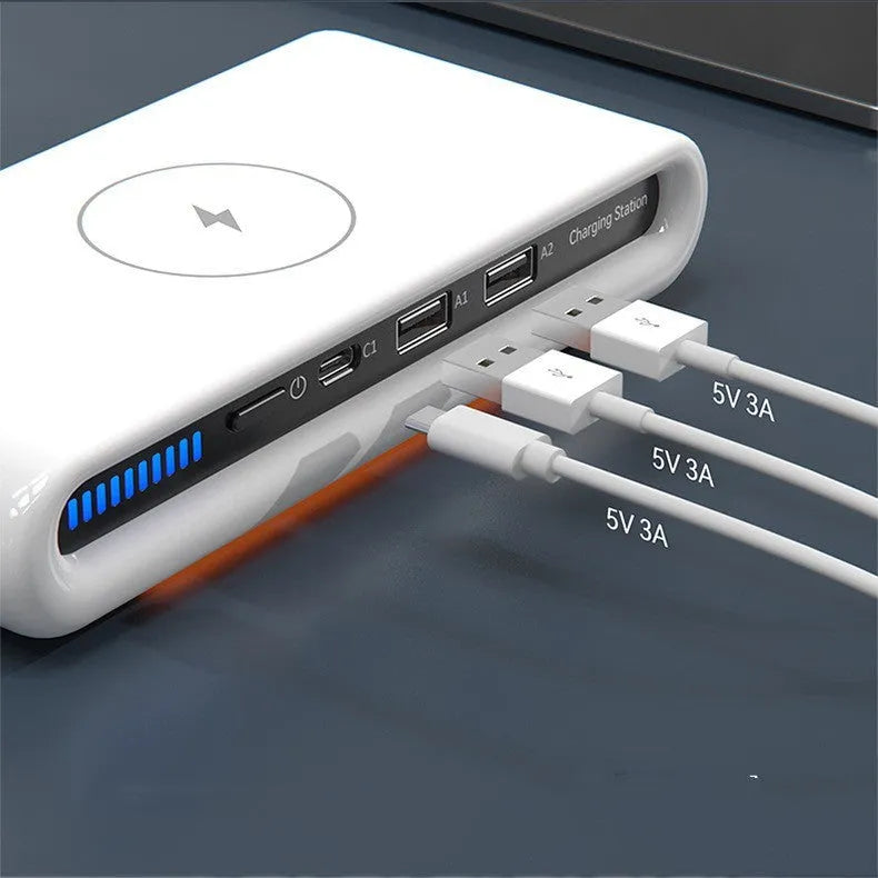 White desktop wireless charging pad with 15W fast charging and eight-colour atmosphere lighting, measuring 175x83x32mm
