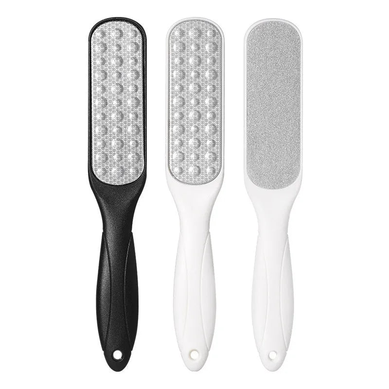 Double-sided stainless steel foot grinder with protective OPP storage bag for callus removal