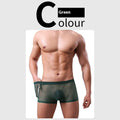 Men's mesh boxer briefs in thin sheer polyester fabric with low waist design