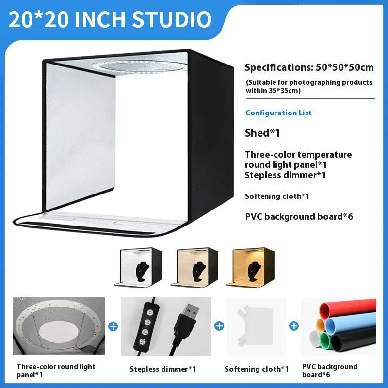 50cm foldable light box with metal frame and USB-powered LED lighting for product photography