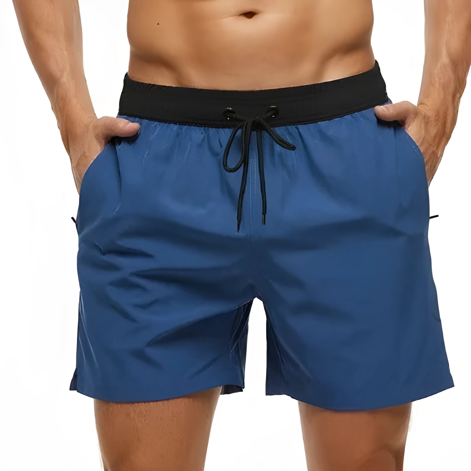 Men's blue athletic shorts with stitching waistband headband pocket and drawstring closure