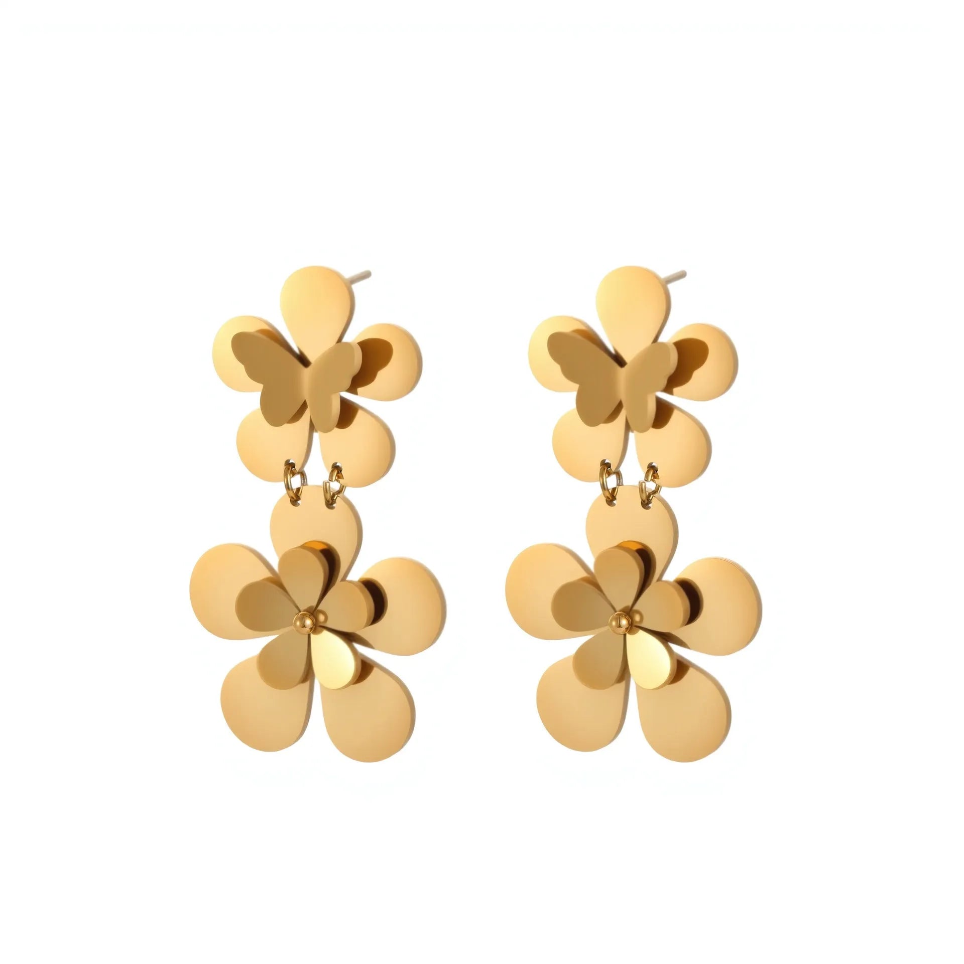 Gold coloured flower butterfly earrings with geometric and zodiac details on stainless steel.