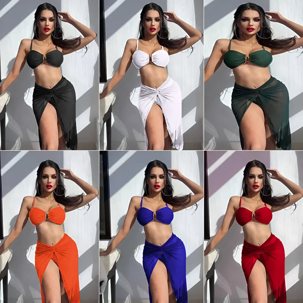 Women's black three-piece bikini set with long culottes bottoms, bra, and skirt.