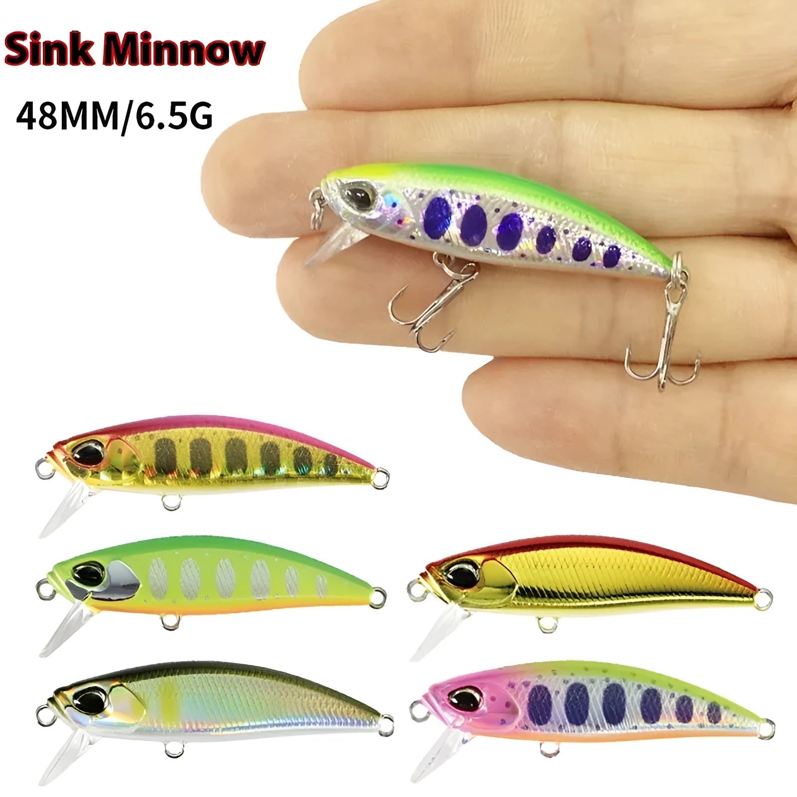 Japanese submerged mino fishing lure, 48mm long, in one of fourteen colour options A through N.